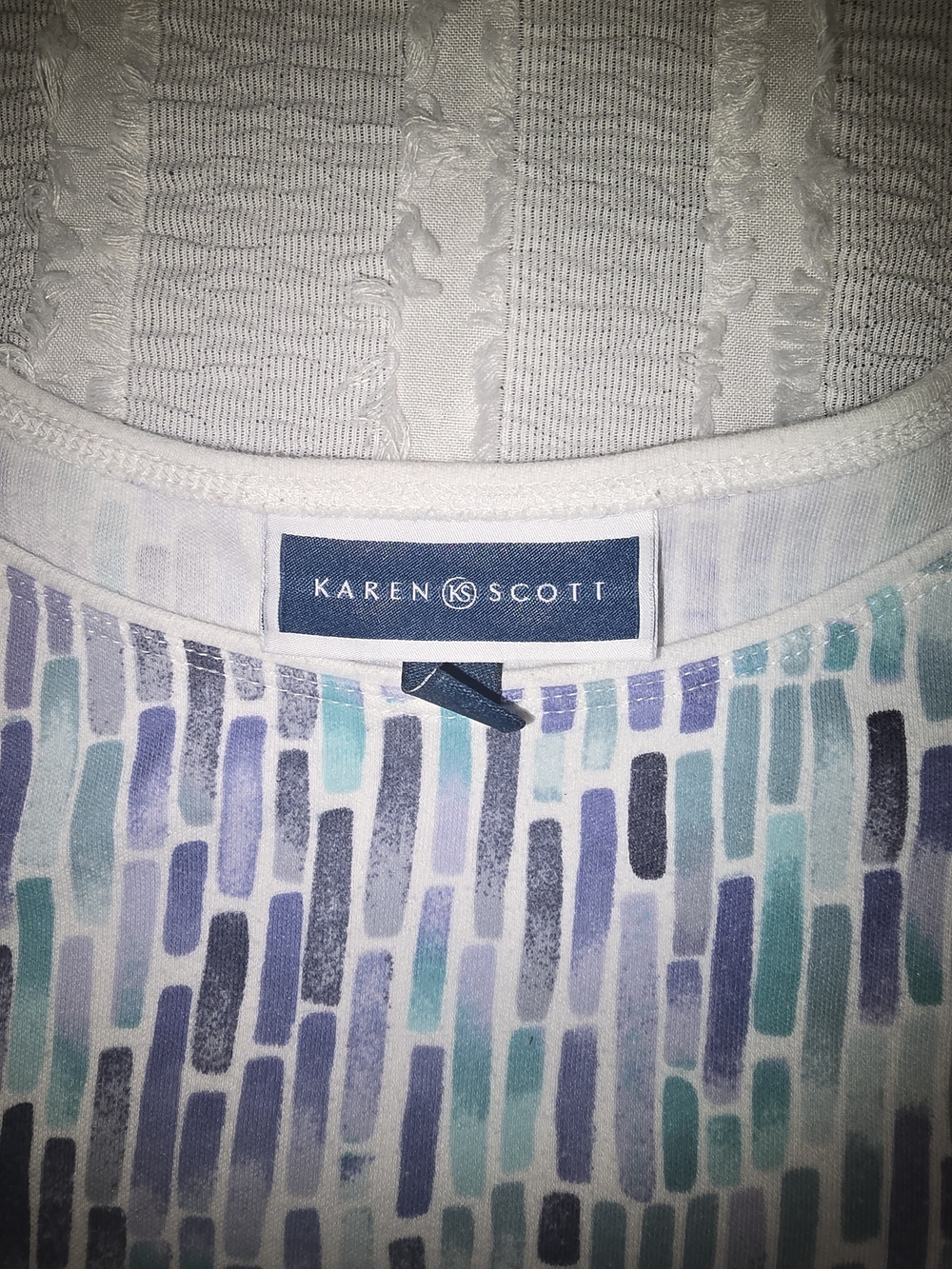 Karen Scott Multi-Color Patterned Long Sleeve Top - Blue, Purple, Mint - Picture 3 of 4